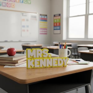 May include: A yellow and white sign that reads "MRS. KENNEDY" sits on a wooden desk in a classroom. The sign is in a block letter style. A red apple and books are on the desk.
