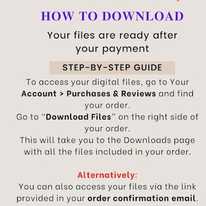 May include: Image with text: "Digital STL Download" and "STL FILES FOR 3D PRINTERS." Instructions on how to download files after purchase, including accessing files via account purchases and order confirmation email.