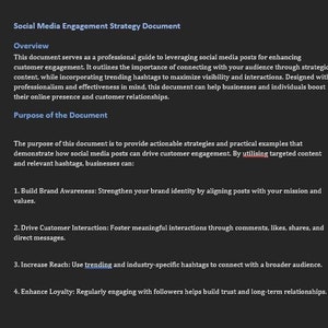 Può includere: Un documento che delinea una strategia di engagement sui social media per aziende e individui. Il documento include suggerimenti per costruire la consapevolezza del marchio, guidare l'interazione dei clienti, aumentare la portata e migliorare la fidelizzazione.