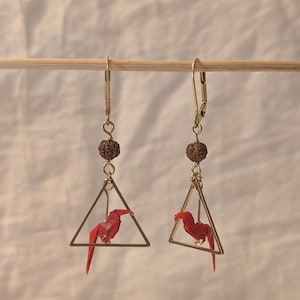 Handmade Origami Red Parrot Earrings with Golden Triangle