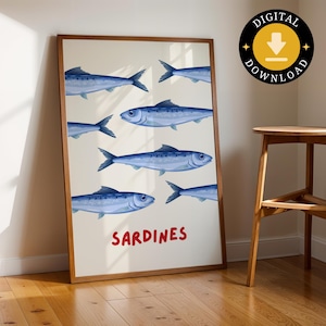 Sardines Digital Wall Art | Printable Fish Art for Coastal Kitchen | Nautical Sardines Illustration | Beach House Decor | Instant Download
