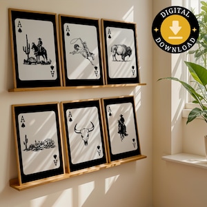 Ensemble de 6 oeuvres d'art pour mur occidental | Décoration de carte à jouer du sud-ouest | Impressions galerie noir et blanc | Art numérique à téléchargement immédiat
