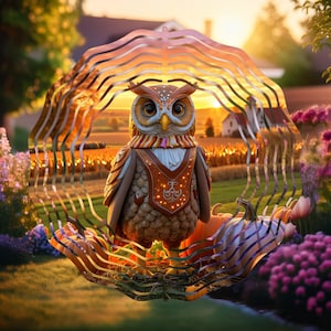 Op de afbeelding: Een grillige uil sculptuur met een gedetailleerd, getextureerd lichaam en grote, expressieve ogen. De uil draagt een decoratief vest en staat te midden van pompoenen en bloemen, omlijst door een metalen, golfachtige structuur. De achtergrond toont een zonsondergang boven een veld.