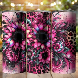 May include: Three pink and black stainless steel tumblers with a floral design. The tumblers feature a pink and black leopard print background with pink and purple flowers and a black centre.