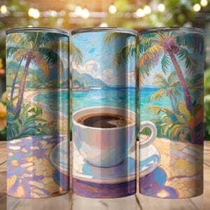 May include: A cylindrical tumbler featuring a colorful, painterly wrap-around design of a tropical beach scene with palm trees and a white coffee cup on a saucer in the foreground, set against a blurred outdoor background.