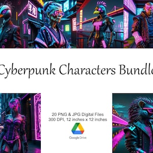 Cyberpunk Fantasy Charaktere, 20 PNG-Bundle, Sci-Fi Grafikdesigns, Geschenk für Sie/Ihn, digitaler Download