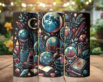 May include: Three cylindrical tumblers with a dark brown background, featuring a mystical design. The design includes a full moon, crystals, candles, potion bottles, and celestial elements in blue, purple, and teal. The tumblers are on a wooden surface.