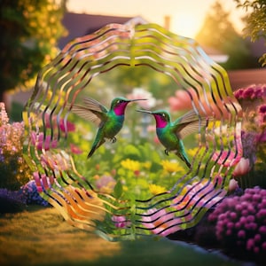Op de afbeelding: Twee kolibries met levendige groene en roze veren zweven voor een decoratief metalen tuin kunstwerk. De vogels staan tegen een achtergrond van kleurrijke bloemen en groen, wat een serene buitenscène creëert.