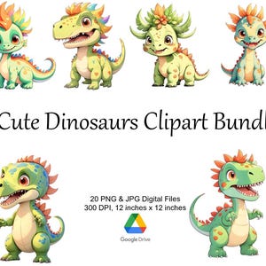 Cute Dinosaurs Clipart, 20 PNG Clipart bundle, Baby Dinosaur Clipart, Dinosaur Nursery Art, Digital Download