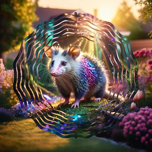 May include: A colorful image of an opossum with a white face, pink nose, and a coat of fur that transitions from gray to blue, with sparkling pink and purple accents. The opossum is surrounded by a decorative metal ring with wavy lines and a garden setting.