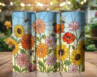 Seamless Stained Glass Flowers Tumbler Wrap Sublimation Design (Digital Download)