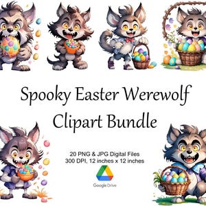 May include: A digital clipart bundle featuring cartoon werewolves celebrating Easter. The werewolves are depicted in various poses, holding Easter eggs and baskets. The text "Spooky Easter Werewolf Clipart Bundle" is displayed. The images are 12 inches by 12 inches.