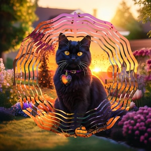 May include: A black cat with yellow eyes sits in a garden, wearing a purple collar with a heart-shaped pendant. The cat is surrounded by orange and purple flowers, with a decorative metal sculpture in the background. The sunset creates a warm, golden glow.