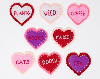 Handmade felt heart pins! With words or custom options!