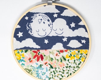 Embroidered wall decor, flowers/moon/nightsky