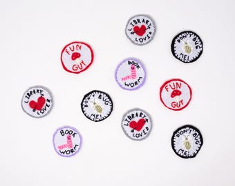 Handmade felt pins! Book Worm, Library Lover, Fun Guy, & Don't Bug Me!