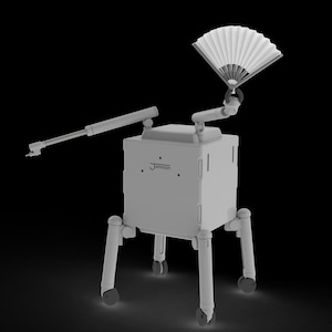 May include: A grey robot with a box-shaped body, four legs with wheels, and two articulated arms. One arm holds a white fan, and the other extends outwards. The word "Jameson" is printed on the body.