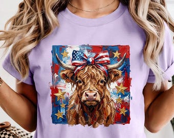 Patriotic Highland Cow Comfort Colors® Shirt, 4th Of July Shirt, American Flag Cow Tee, Highland Cow Gift For Women, Country Western Tee