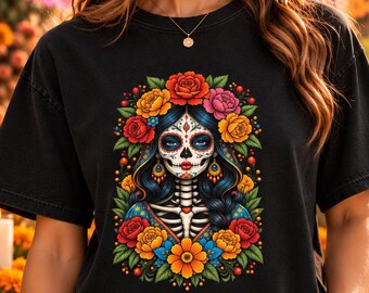 Dia de los Muertos Shirt, La Catrina Sugar Skull Tee, Floral Skeleton Shirt, Day of the Dead Tee, Mexican Halloween Gift, Comfort Colors Tee