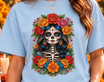 Dia de los Muertos Shirt, La Catrina Sugar Skull Tee, Floral Skeleton Shirt, Day of the Dead Tee, Mexican Halloween Gift, Comfort Colors Tee