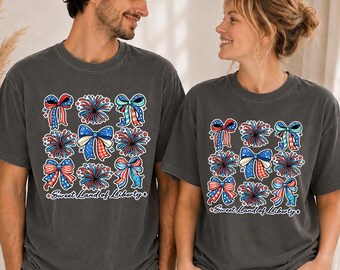 Comfort Colors® Patriotic Bow Shirt, Sweet Land Of Liberty Tee, Coquette Fourth Of July Shirt, Americana Graphic Tee