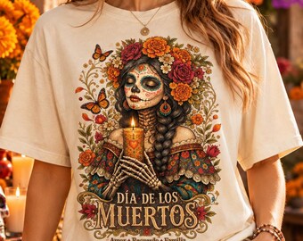 Dia de los Muertos T-Shirt, Comfort Colors® Day of the Dead Tee, Catrina Sugar Skull Shirt, Mexican Halloween Shirt, Floral Calavera Tee