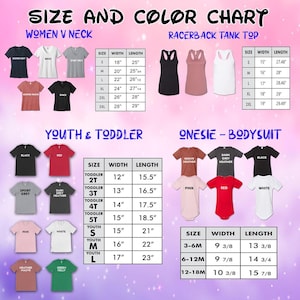 K&ouml;nnte beinhalten: Eine Gr&ouml;&szlig;en- und Farbtabelle f&uuml;r verschiedene Kleidungsst&uuml;cke, darunter Damen-V-Ausschnitt-Shirts, Racerback-Tops, T-Shirts f&uuml;r Jugendliche und Kleinkinder sowie Bodys. Die Tabelle zeigt Gr&ouml;&szlig;en, Breiten in cm und L&auml;ngen in cm f&uuml;r jeden Kleidungsstil.