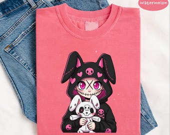 ColorFlow Kawaii Goth Bunny Girl Shirt, Comfort Colors Oversize Tee, Pastel Gothic Anime Bunny Graphic, Alt Girl Vintage Aesthetic