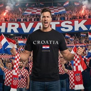 K&ouml;nnte beinhalten: Ein schwarzes T-Shirt mit dem Wort "CROATIA" in Wei&szlig;, einer kroatischen Flaggen-Grafik und dem Wort "CUSTOM" in Wei&szlig;. Das Bild zeigt eine Person, die eine kroatische Flagge und einen Schal in einem Stadion voller Fans h&auml;lt.