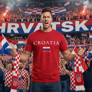 K&ouml;nnte beinhalten: Ein rotes T-Shirt mit dem Aufdruck "CROATIA" auf der Vorderseite, zusammen mit der kroatischen Flagge. Das Bild zeigt eine Menschenmenge, die kroatische Flaggen schwenkt und Kleidung im kroatischen Stil tr&auml;gt. Das Wort "HRVATSKA" ist auf einem Banner zu sehen.