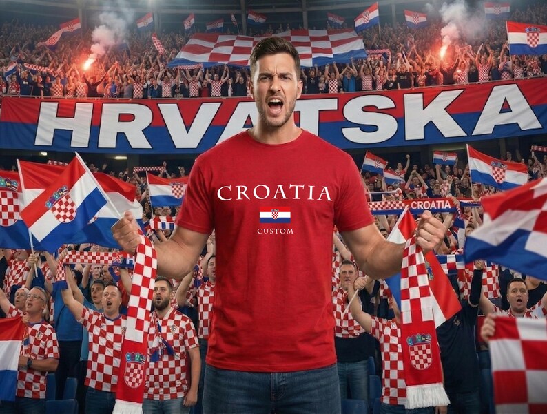 K&ouml;nnte beinhalten: Ein rotes T-Shirt mit dem Aufdruck "CROATIA" auf der Vorderseite, zusammen mit der kroatischen Flagge. Das Bild zeigt eine Menschenmenge, die kroatische Flaggen schwenkt und Kleidung im kroatischen Stil tr&auml;gt. Das Wort "HRVATSKA" ist auf einem Banner zu sehen.