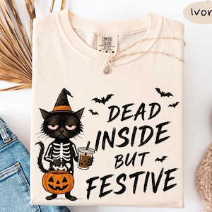 Comfort Colors® Dead Inside But Still Love Cats Tee, Funny Halloween Cat Top, Spooky Season Gift, Soft Cotton Unisex Graphic Tee