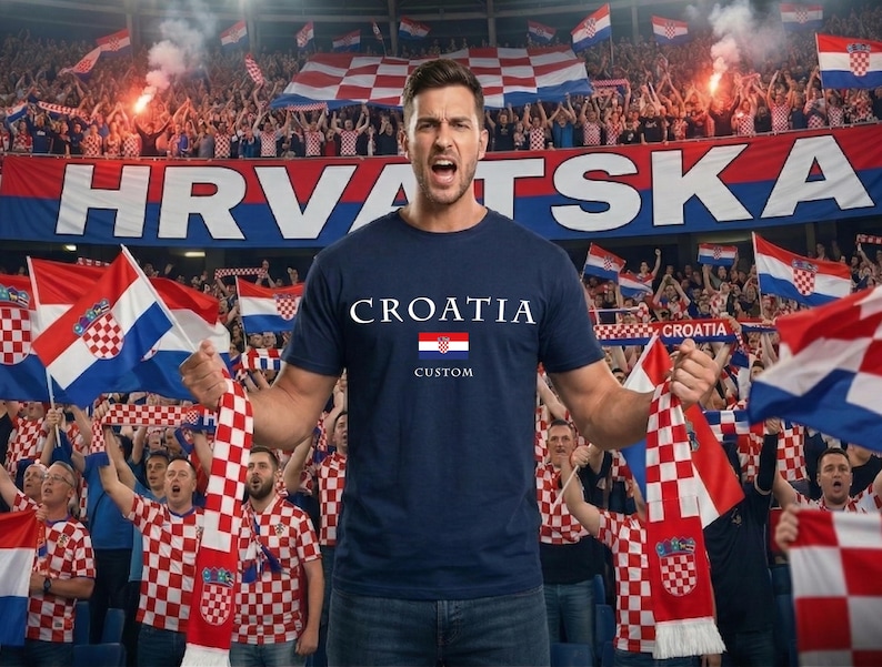 K&ouml;nnte beinhalten: Ein marineblaues T-Shirt mit dem Wort "CROATIA" in Wei&szlig; und der kroatischen Flagge. Das Bild zeigt eine Person in einem Stadion, die einen Schal h&auml;lt und von Fans umgeben ist, die kroatische Flaggen schwenken.