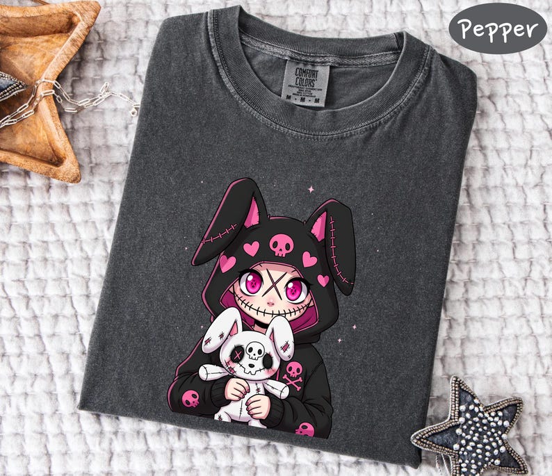 Stuffed Rabbit Skull Colorflow Kawaii Goth Bunny Girl Shirt, Comfort Colors Oversize Tee ...