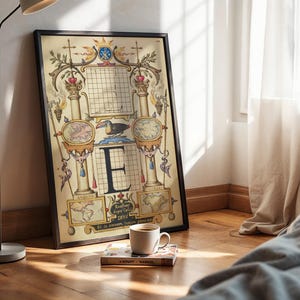 Vintage Medieval Letter E Poster, Ornamental Alphabet Print, Old Typography Art, Antique Monogram Wall Decor, Gothic Initial Illustration