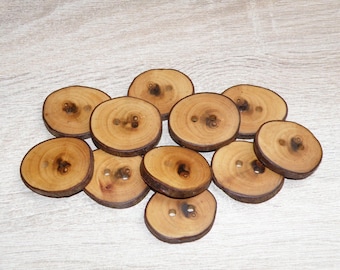 Large 11 Handmade plum wood Tree Branch Buttons with bark, accessories (1,46" diameter x 0,24" thick)