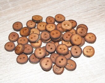 Small 50 Handmade apple wood Tree Branch Buttons with bark , accessories (0,59"" diameter x 0,16" thick)