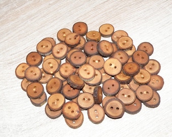 Small 80 Handmade apple wood Tree Branch Buttons with bark , accessories (0,59"" diameter x 0,16" thick)