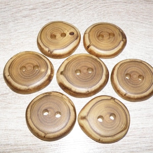 Puede incluir: Siete botones de madera grandes y redondos con un patrón de vetas naturales. Cada botón tiene dos o cuatro agujeros para coser. Los botones son de color marrón claro con detalles en marrón oscuro.