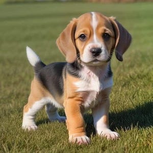 Puede incluir: Un cachorro de beagle joven está de pie sobre hierba verde. El cachorro tiene un pelaje tricolor marrón, negro y blanco. Sus orejas caídas y su cola son visibles. El cachorro mira directamente a la cámara.