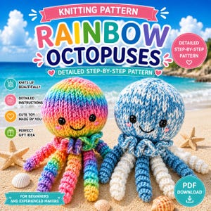 Puede incluir: Un patrón de tejido para Pulpos Arcoíris. La imagen muestra dos juguetes de pulpo tejidos, uno con una cabeza de color arcoíris y el otro azul y blanco. El texto incluye "Detailed Step-by-Step Pattern" y "Cute Toy Made by You."