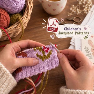 May include: A digital PDF file titled Children's Jacquard Patterns featuring a knitting project in progress. The work shows a light purple knitted fabric with a floral motif in olive green and red, held by metal knitting needles with yarn.
