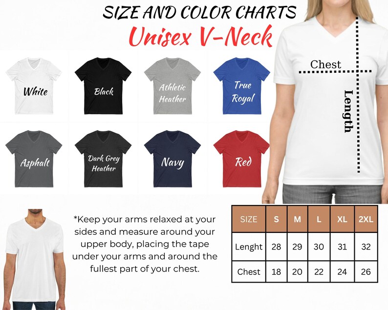 a women's v - neck t - shirt with the size and color chart