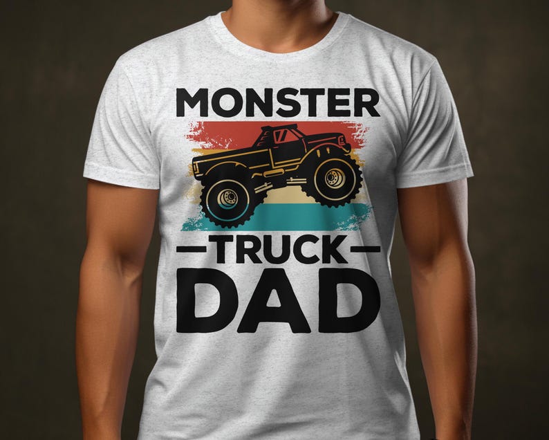 a man wearing a monster truck dad t - shirt