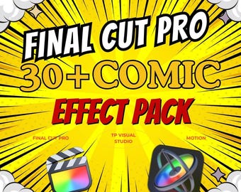 Könnte beinhalten: Eine gelbe und rote Comic-Grafik mit dem Text "FINAL CUT PRO 30+COMIC EFFECT PACK" in fetten schwarzen Buchstaben. Die Grafik zeigt zwei App-Symbole, eines für Final Cut Pro und eines für Motion.