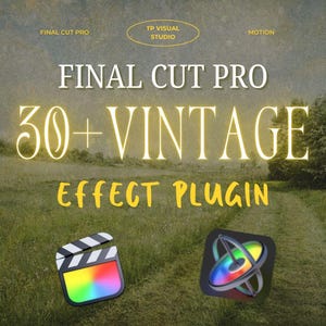 May include: A digital illustration of a green field with a blue sky and white clouds. The text "FINAL CUT PRO 30+ VINTAGE EFFECT PLUGIN" is in yellow letters. There are two icons, one is a clapperboard and the other is a spinning sphere, both with a rainbow color scheme.