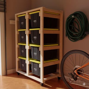 May include: A wooden storage rack with eight black bins with yellow lids. The rack is on wheels and has a natural wood finish. A green garden hose and a bicycle wheel are visible in the background.