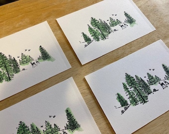 Hand-Stamped Postcards Forest Scene With Green Watercolor Highlights (5 Total)