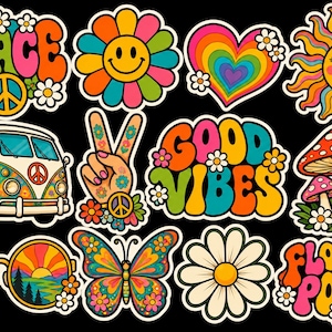 May include: A collection of colourful stickers featuring a peace sign, a smiley face flower, a rainbow heart, a sun, a van, a hand making a peace sign, the text Good Vibes, mushrooms, sunglasses, a butterfly, a daisy, and the text Flower Power.