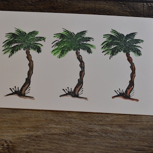 Cartes postales estampées à la main Palmiers de plage avec rehauts d'aquarelle (5 au total)